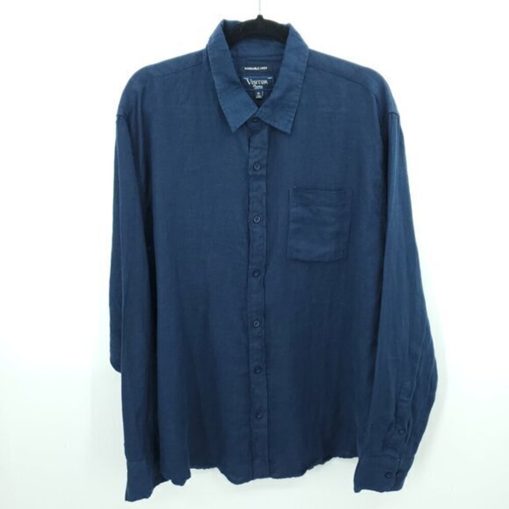 Men's Visitor Washable Linen Button Up Shirt XL Navy Blue